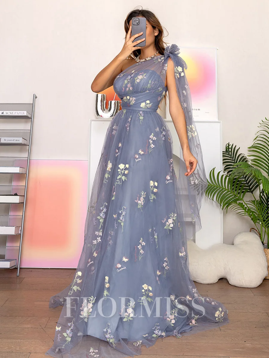 A-line One-Shoulder Appliques Lace Sweep Train Lace Dress