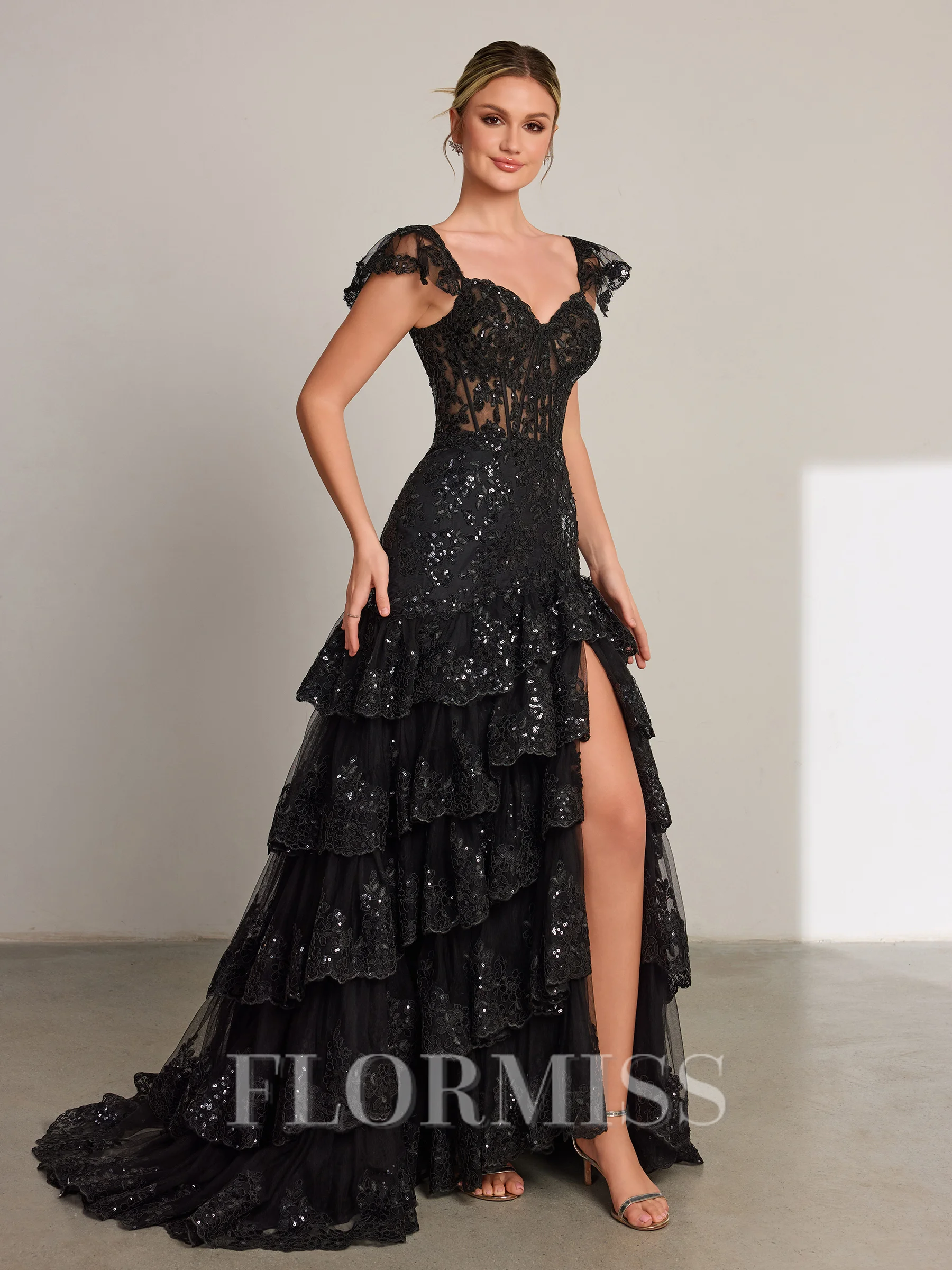 Sheath Sweetheart Appliques Lace Sweep Train Tulle Corset Dress