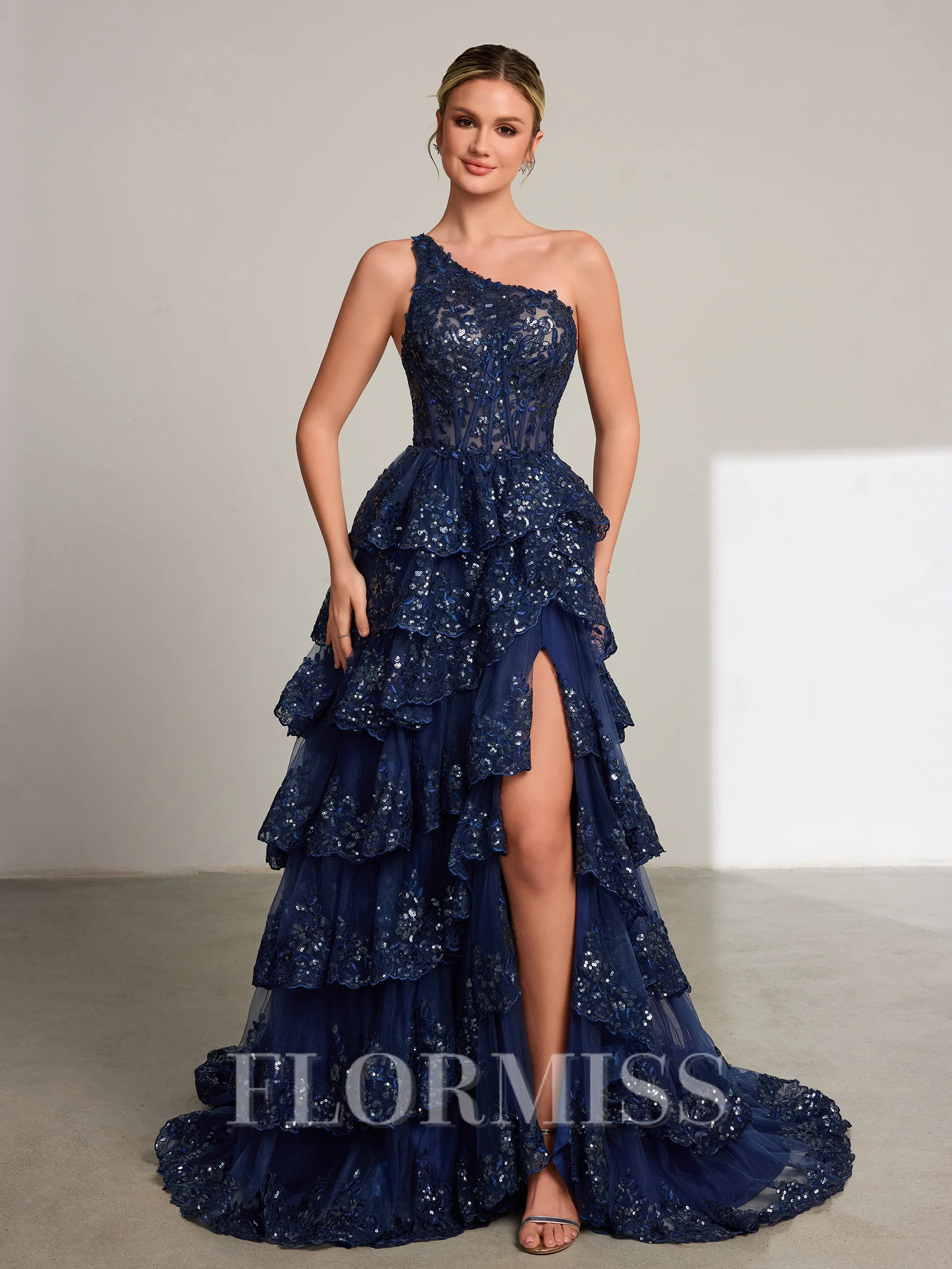 A-line One-Shoulder Appliques Lace Sweep Train Tulle Corset Dress