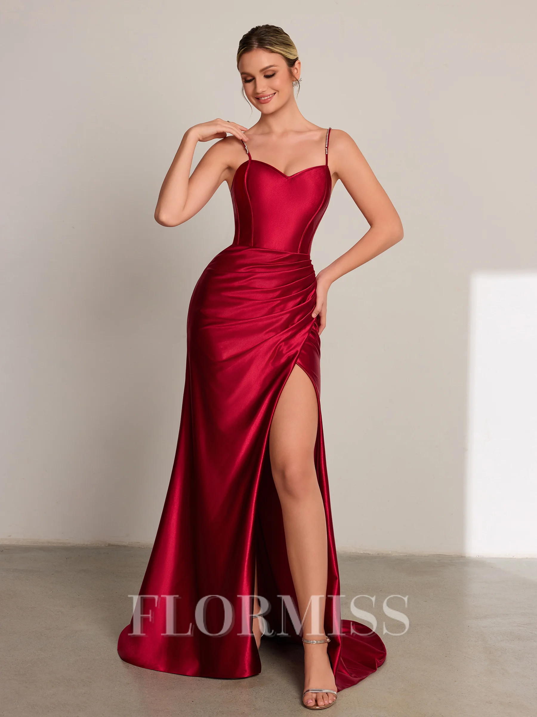 Sheath Spaghetti Straps Pleated Sweep Train Dress