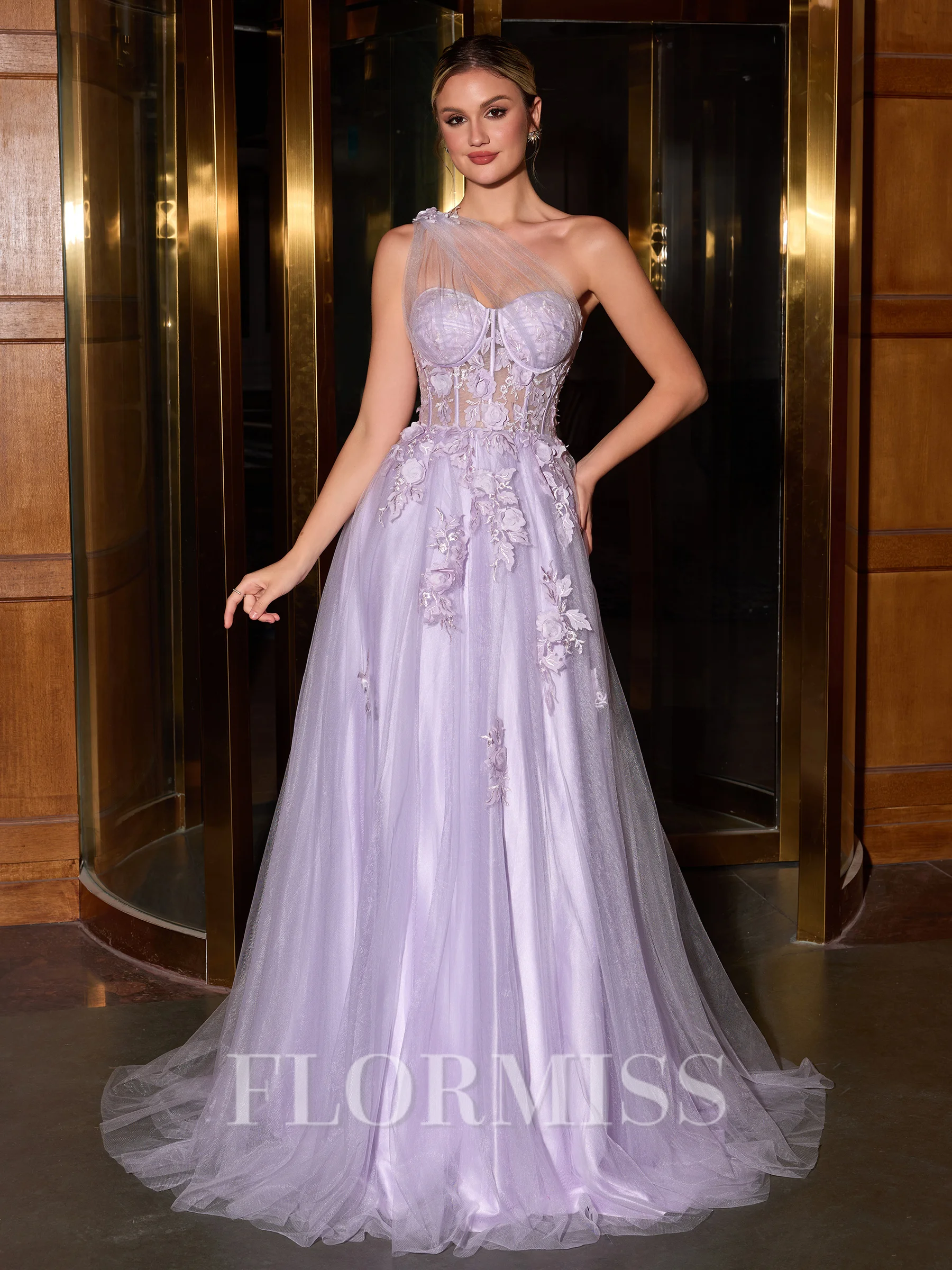 A-line One-Shoulder Appliques Lace Sweep Train Tulle Corset Dress