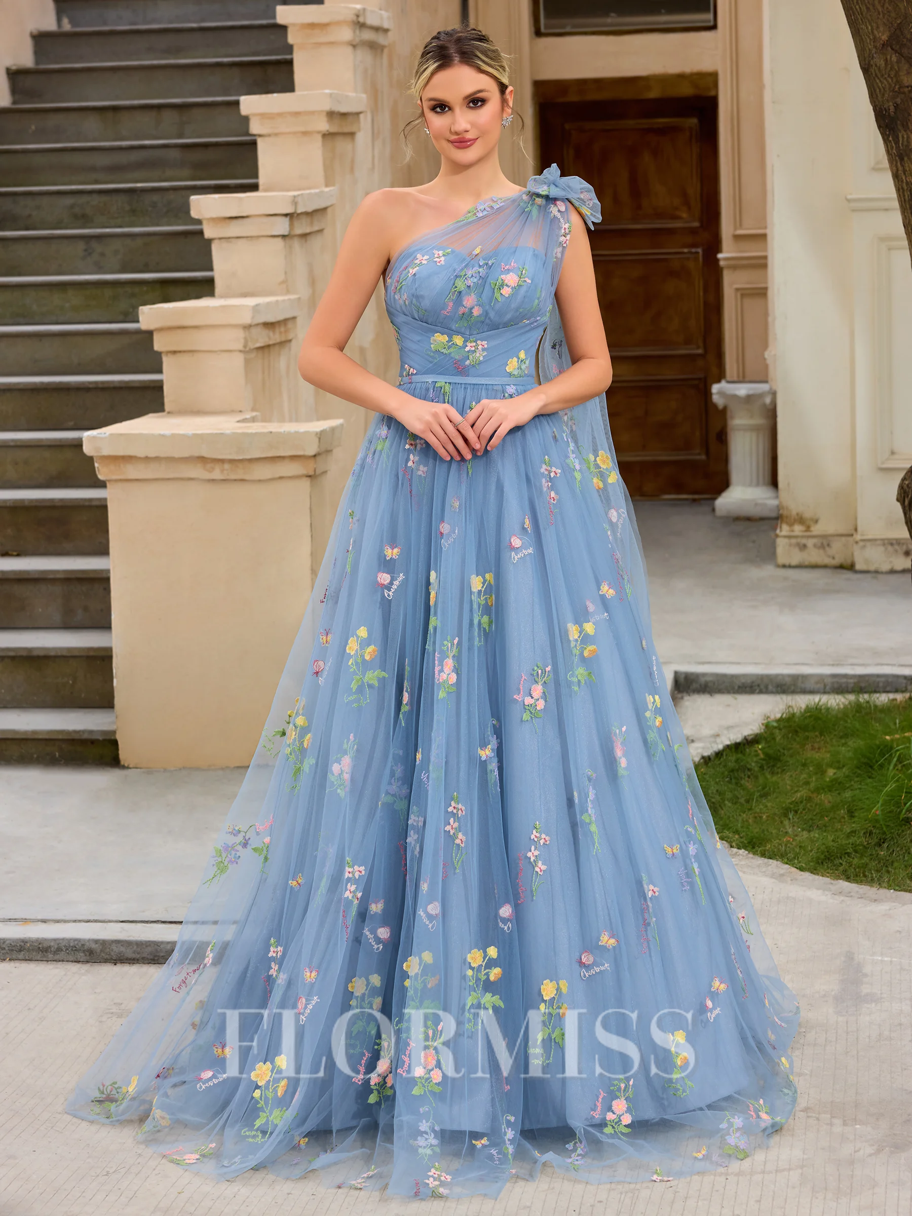 A-line One-Shoulder Appliques Lace Sweep Train Lace Dress