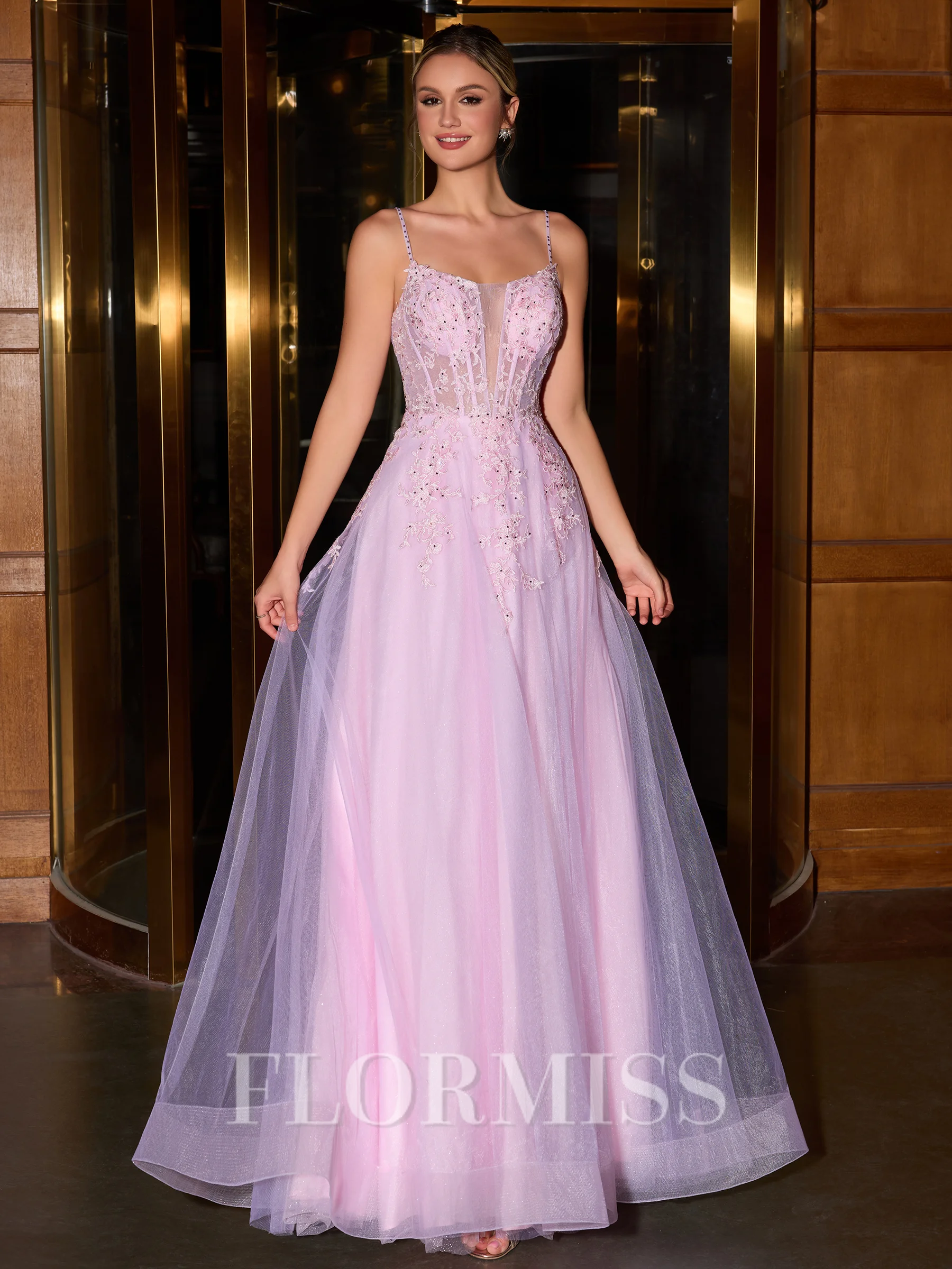 A-line Spaghetti Straps Appliques Lace Floor-Length Tulle Corset Dress