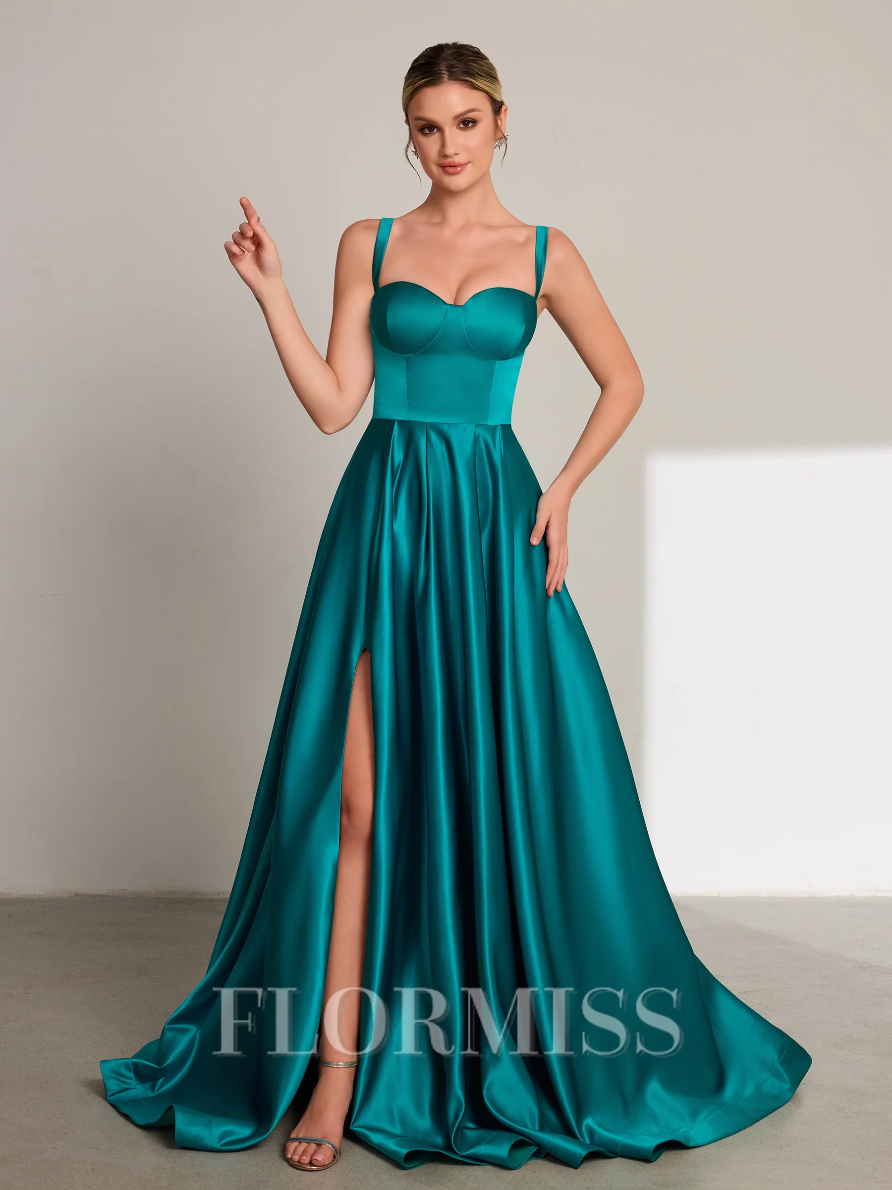 A-line Straps Floor-Length Satin Dress
