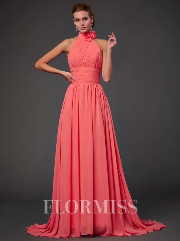 A-line/Princess Halter Sweep Train Chiffon Bridesmaid Dresses With Flower