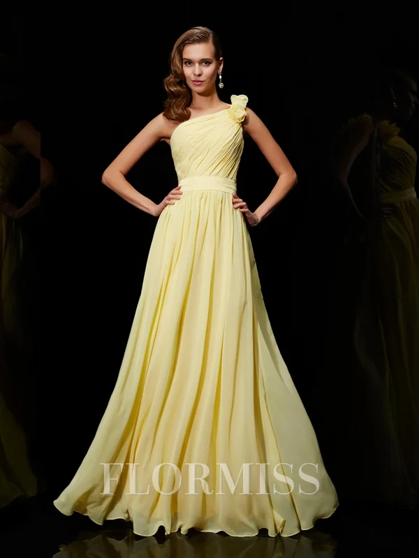 A-line/Princess One-Shoulder Floor-Length Chiffon Bridesmaid Dresses With Flower