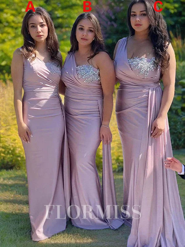 Sheath/Column One-Shoulder Floor-Length Silk Like Satin Bridesmaid Dresses With Ruffles