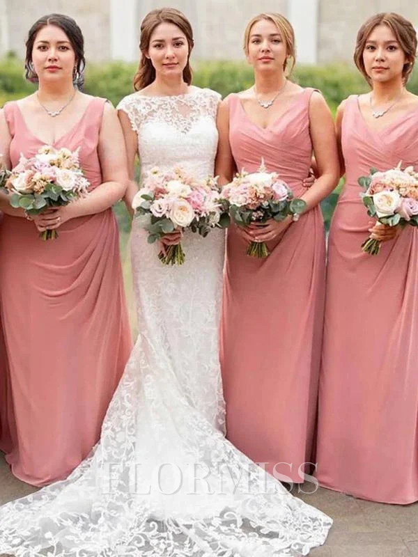 Sheath/Column V-neck Floor-Length Chiffon Bridesmaid Dresses With Ruffles