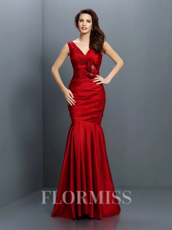 Trumpet/Mermaid V-neck Floor-Length Taffeta Bridesmaid Dresses With Flower