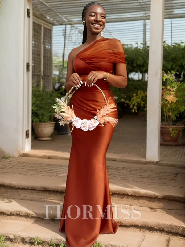 Sheath One-Shoulder Pleated Floor-Length Satin Bridesmaid Dress