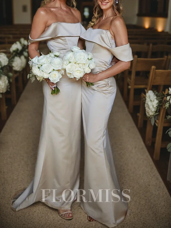 Sheath Off-the-Shoulder Pleated Sweep Train Satin Bridesmaid Dress