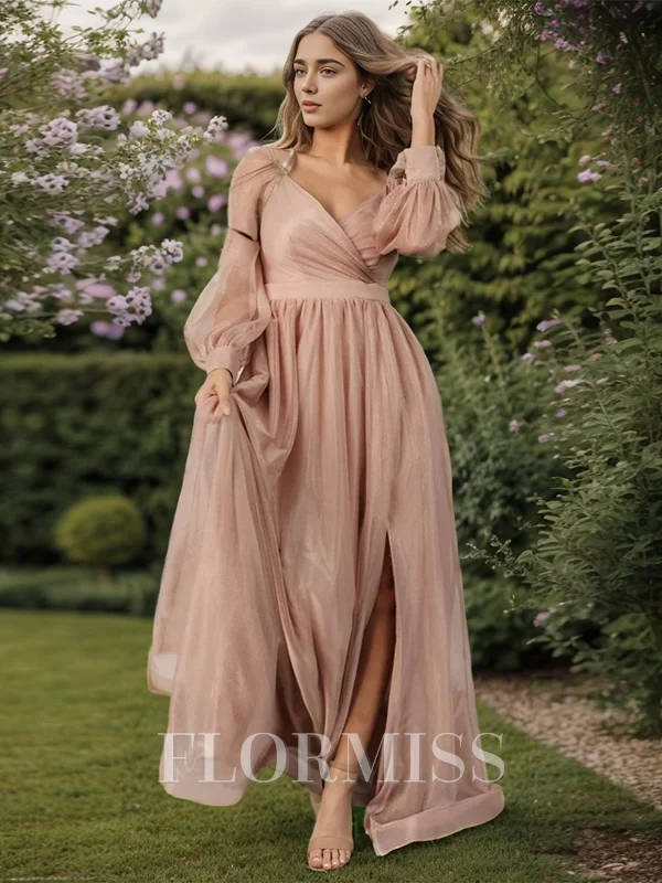 A-line V-neck Long Sleeves Pleated Floor-Length Bridesmaid Dress