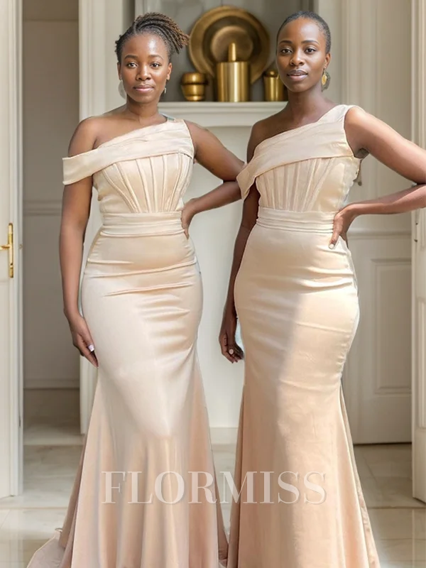 Sheath Pleated Sweep Train Silk Like Satin Corset Bridesmaid Dress