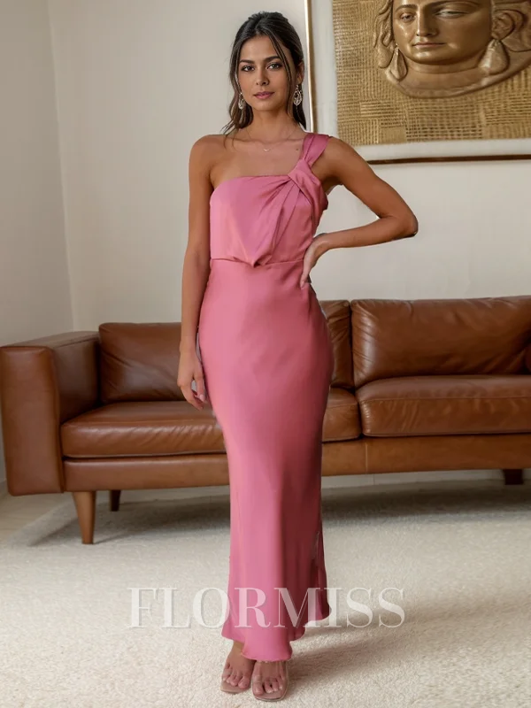 Sheath One-Shoulder Pleated Ankle-Length Silk Like Satin Bridesmaid Dress