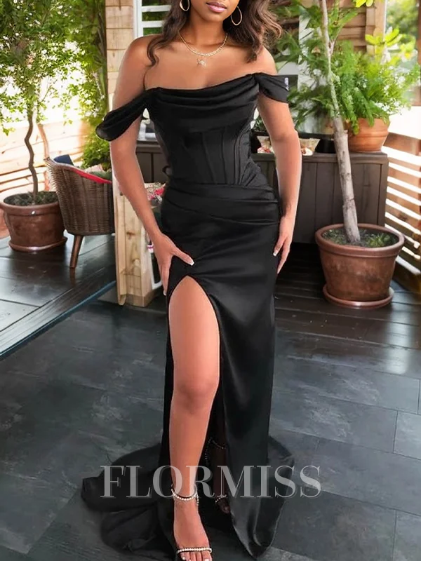 Sheath Off-the-Shoulder Pleated Sweep Train Silk Like Satin Corset Bridesmaid Dress