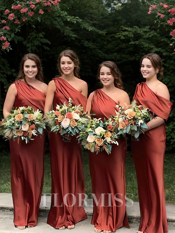 Sheath One-Shoulder Pleated Floor-Length Silk Like Satin Bridesmaid Dress