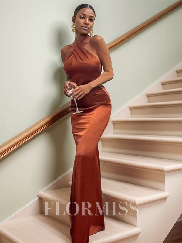 Sheath Halter Pleated Floor-Length Silk Like Satin Bridesmaid Dress