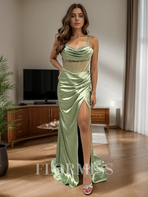 Sheath Straps Pleated Sweep Train Silk Like Satin Corset Bridesmaid Dress