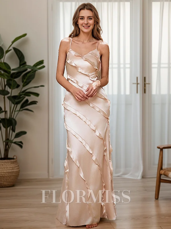 Sheath/Column V-neck Ruffles Floor-Length Silk Like Satin Bridesmaid Dress