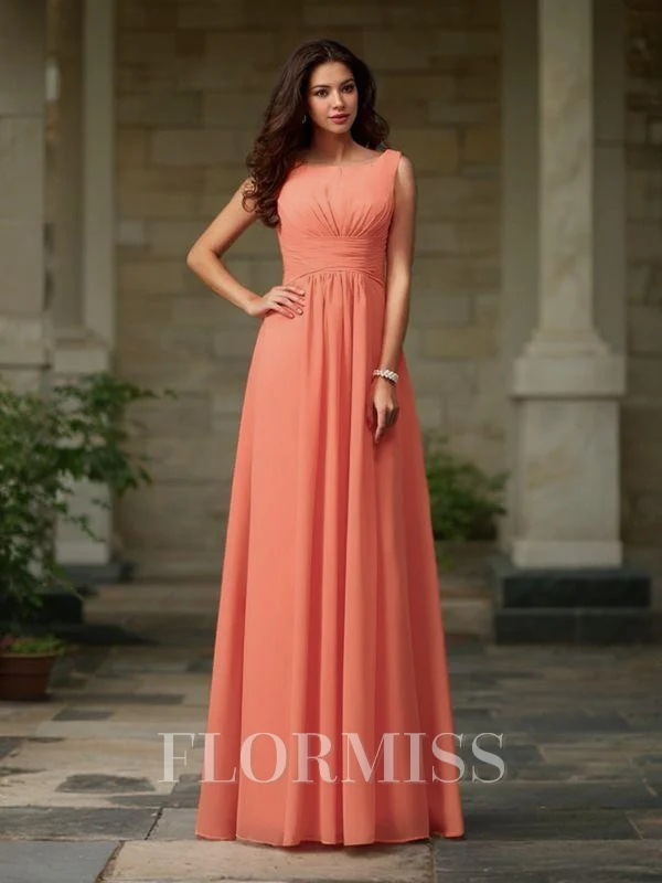 A-line/Princess Scoop Floor-Length Chiffon Bridesmaid Dresses With Ruffles