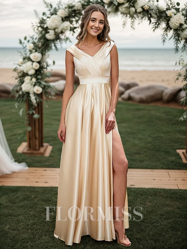 A-line/Princess V-neck Pleated Floor-Length Satin Bridesmaid Dress