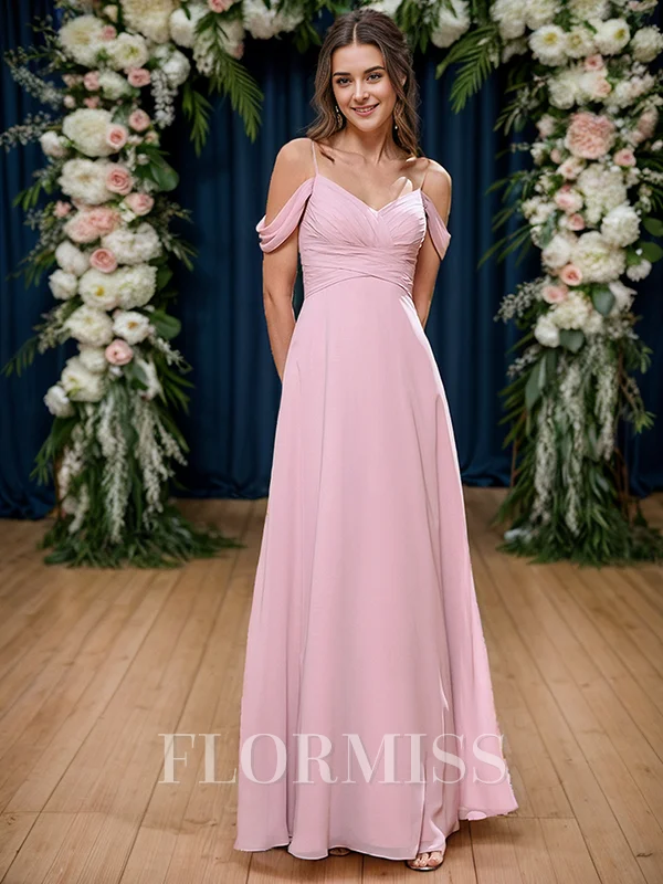 A-line/Princess Cold Shoulder Pleated Floor-Length Chiffon Bridesmaid Dress