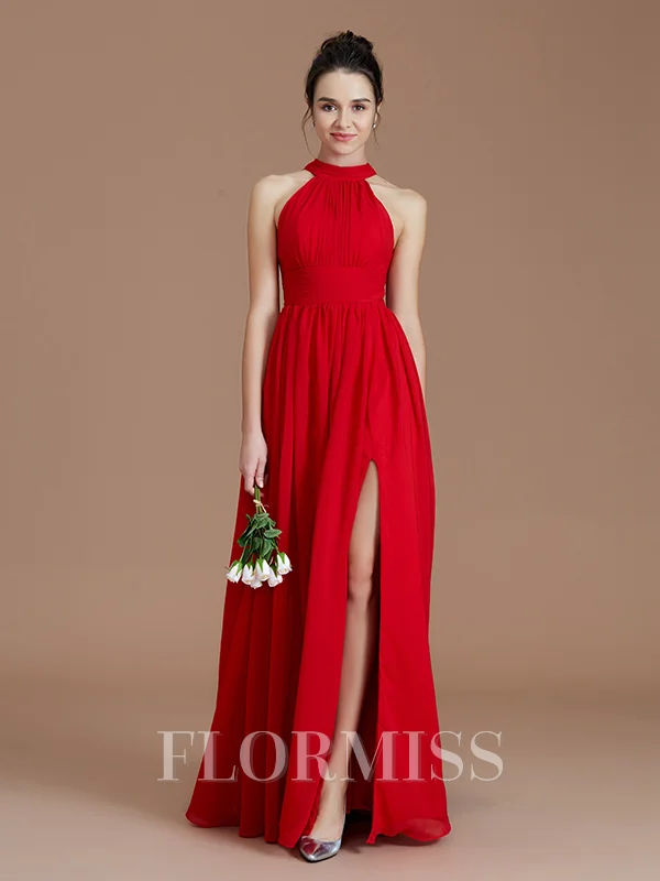 A-line/Princess Halter Floor-Length Chiffon Bridesmaid Dresses