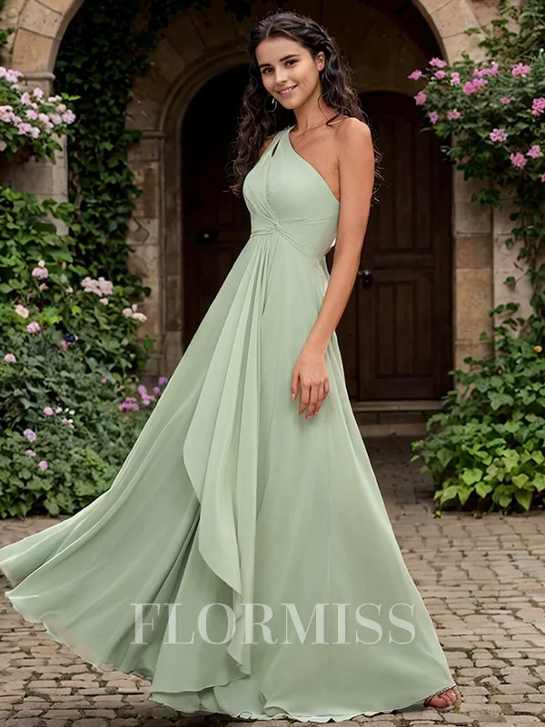 A-line/Princess One-Shoulder Pleated Floor-Length Chiffon Bridesmaid Dress