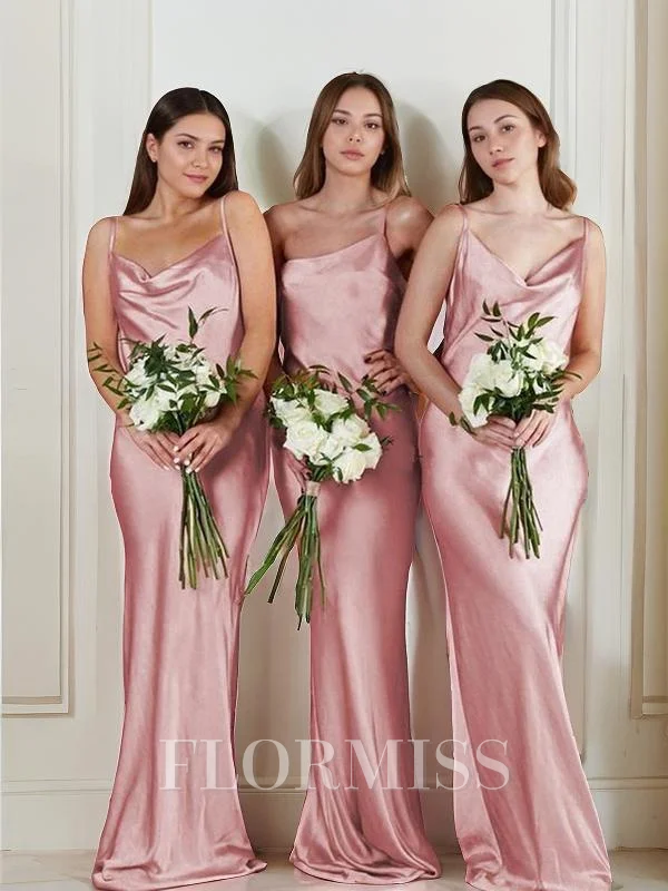 Sheath/Column Straps Sweep Train Silk Like Satin Bridesmaid Dresses With Ruffles