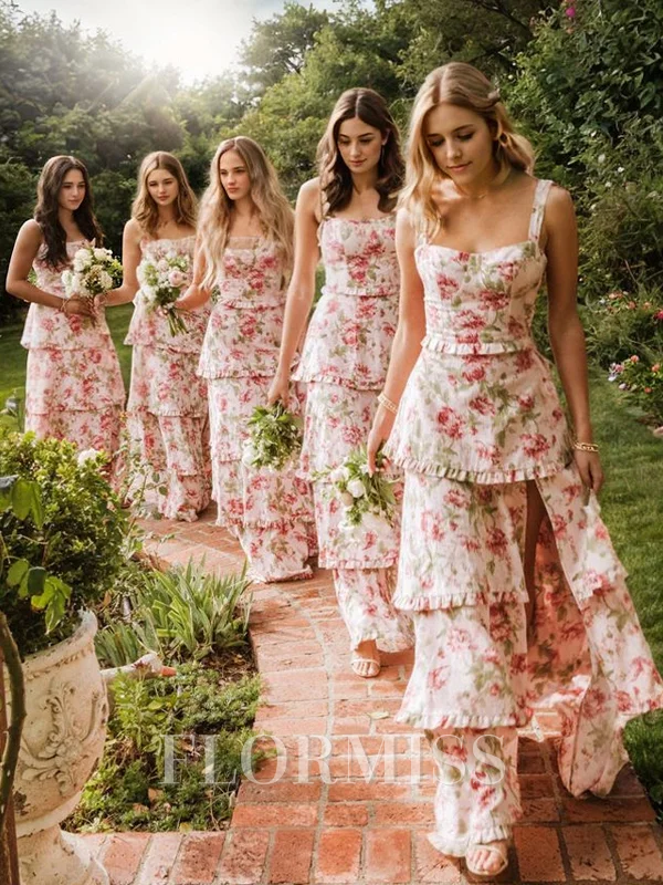 A-line Straps Sleeveless Ruffles Floor-Length Bridesmaid Dresses