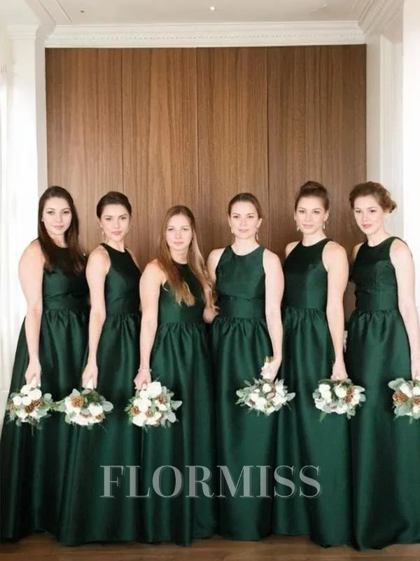 A-line/Princess Scoop Floor-Length Satin Bridesmaid Dresses