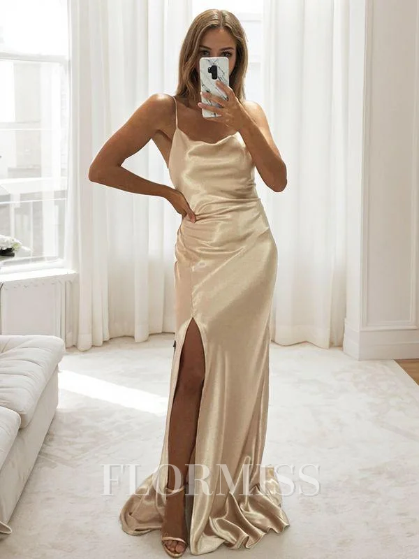 Sheath/Column Bateau Sweep Train Silk Like Satin Bridesmaid Dresses With Leg Slit