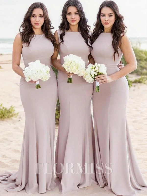 Sheath/Column Sheer Neck Sweep Train Stretch Crepe Bridesmaid Dresses