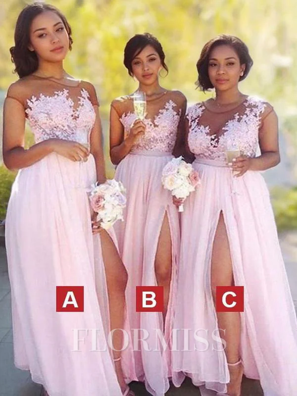 A-Line/Princess Scoop Floor-Length Chiffon Bridesmaid Dresses With Appliques Lace