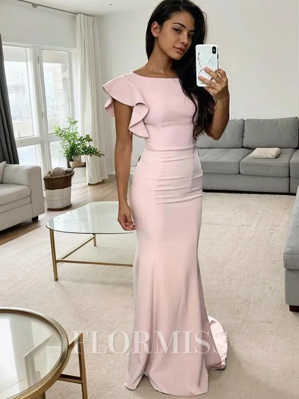 Sheath/Column Scoop Sweep Train Stretch Crepe Bridesmaid Dresses