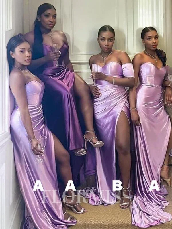 Sheath/Column Sweetheart Sweep Train Silk like Satin Bridesmaid Dresses With Leg Slit
