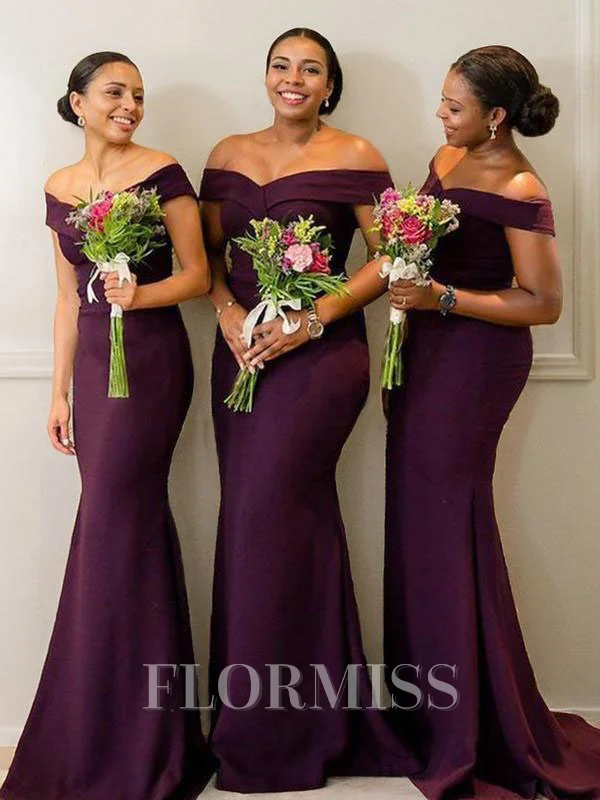 Sheath/Column Off-the-Shoulder Sweep Train Stretch Crepe Bridesmaid Dresses With Ruffles