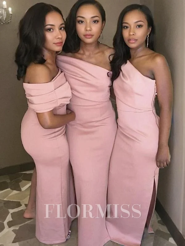 Sheath/Column One-Shoulder Floor-Length Charmeuse Bridesmaid Dresses With Leg Slit