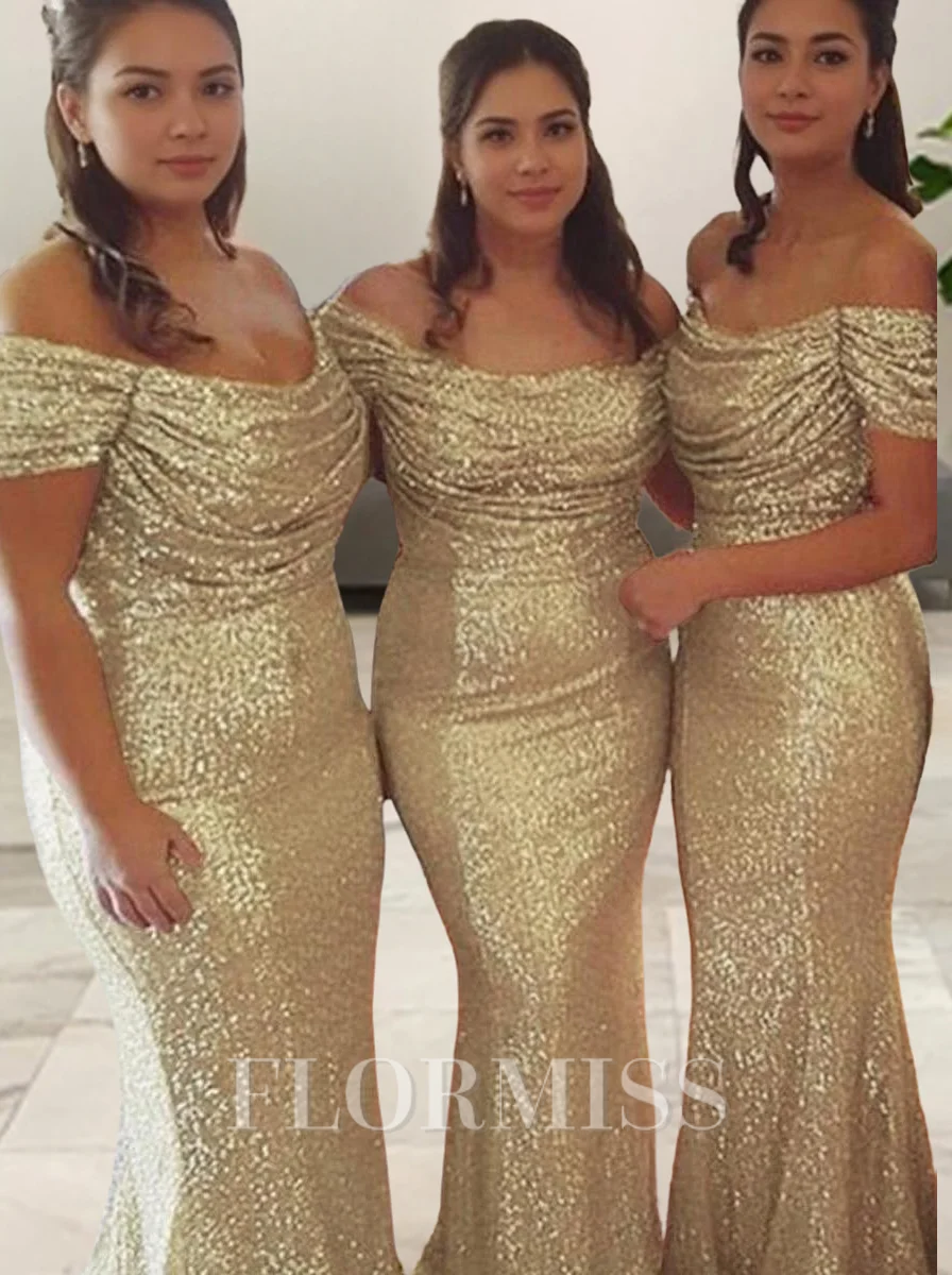 Sheath/Column Off-the-Shoulder Sweep Train Sequins Bridesmaid Dresses With Ruffles