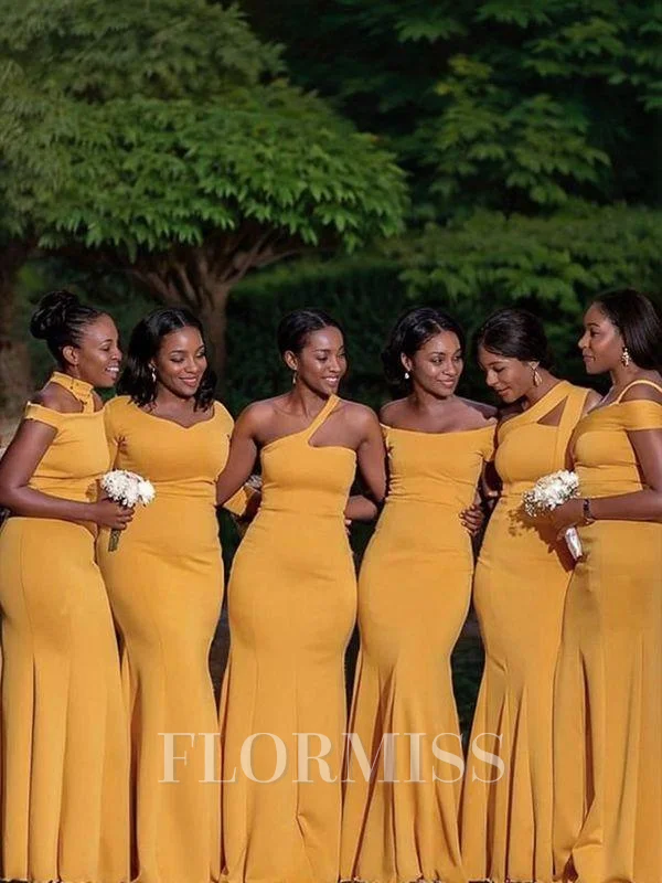 Sheath/Column V-neck Floor-Length Stretch Crepe Bridesmaid Dresses With Ruffles