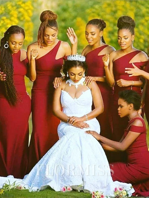 Sheath/Column One-Shoulder Floor-Length Stretch Crepe Bridesmaid Dresses With Ruffles