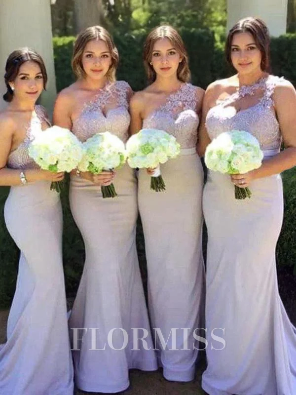 Sheath/Column One-Shoulder Sweep Train Stretch Crepe Bridesmaid Dresses With Appliques Lace