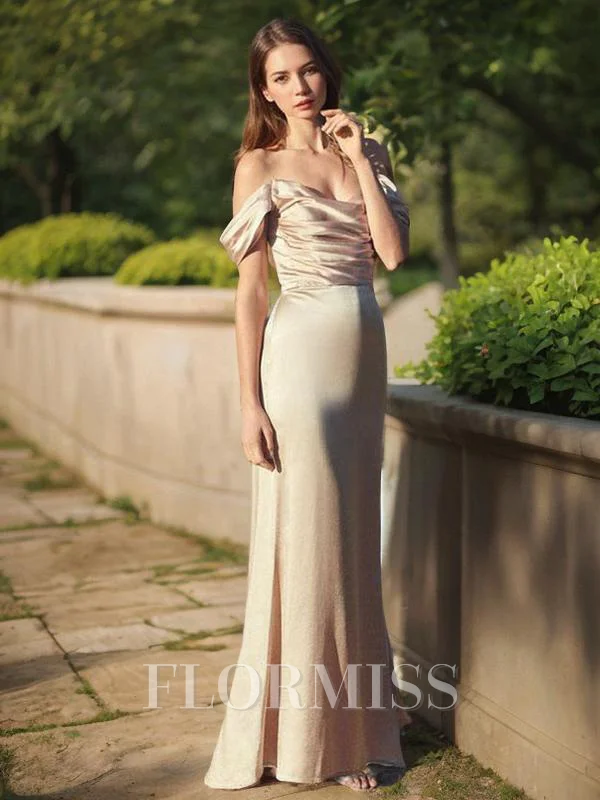 Sheath/Column Off-the-Shoulder Floor-Length Silk like Satin Bridesmaid Dresses With Ruffles