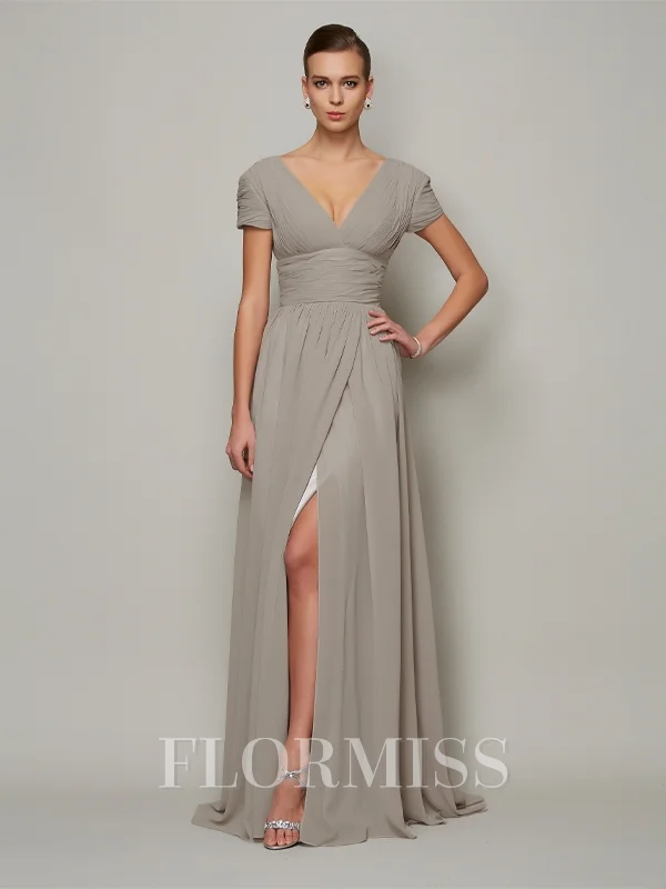 A-Line/Princess V-neck Sweep Train Chiffon Evening Dresses With Leg Slit