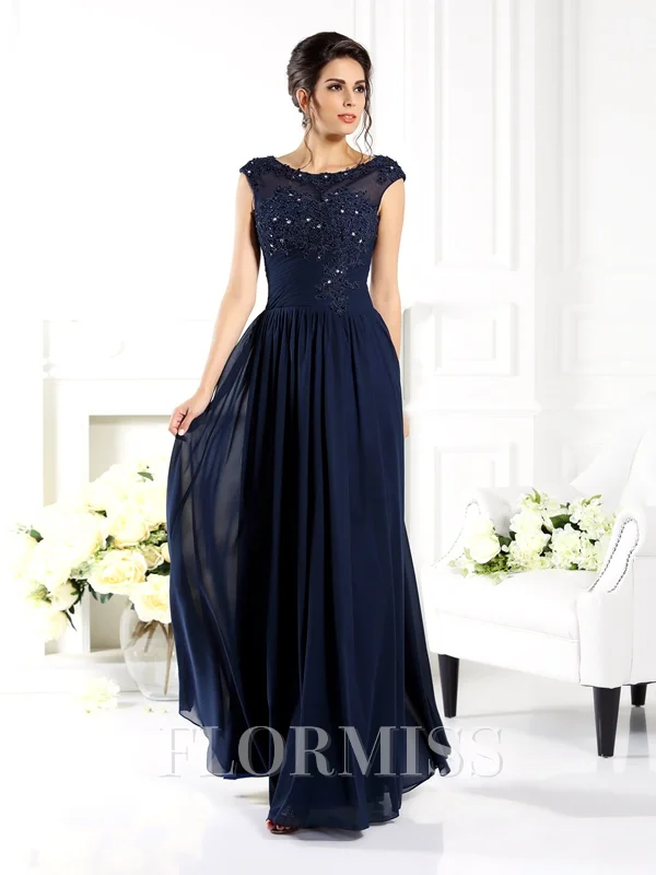 A-Line/Princess Scoop Floor-Length Chiffon Evening Dresses With Beading
