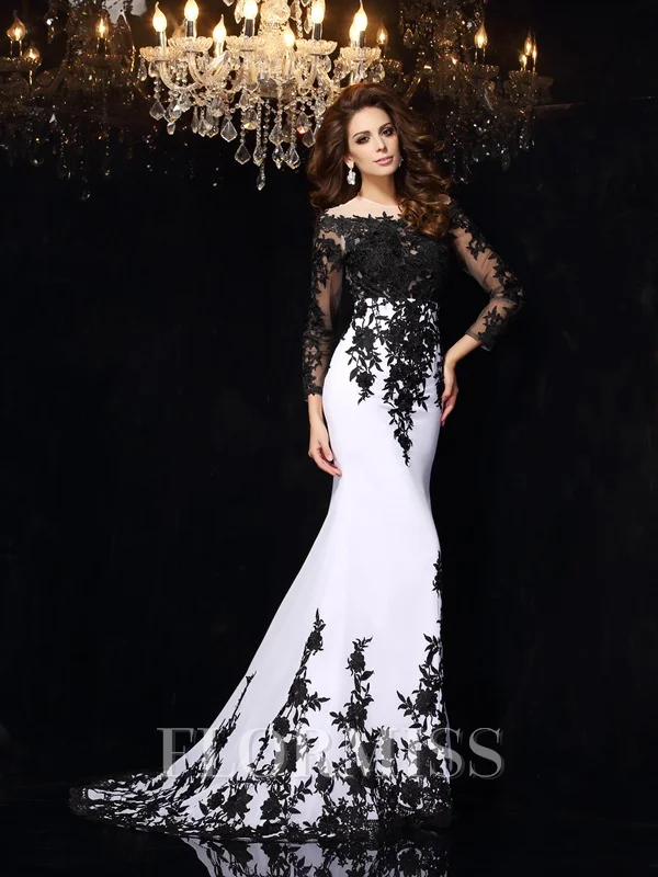 Sheath/Column Scoop Sweep Train Chiffon Evening Dresses With Appliques Lace