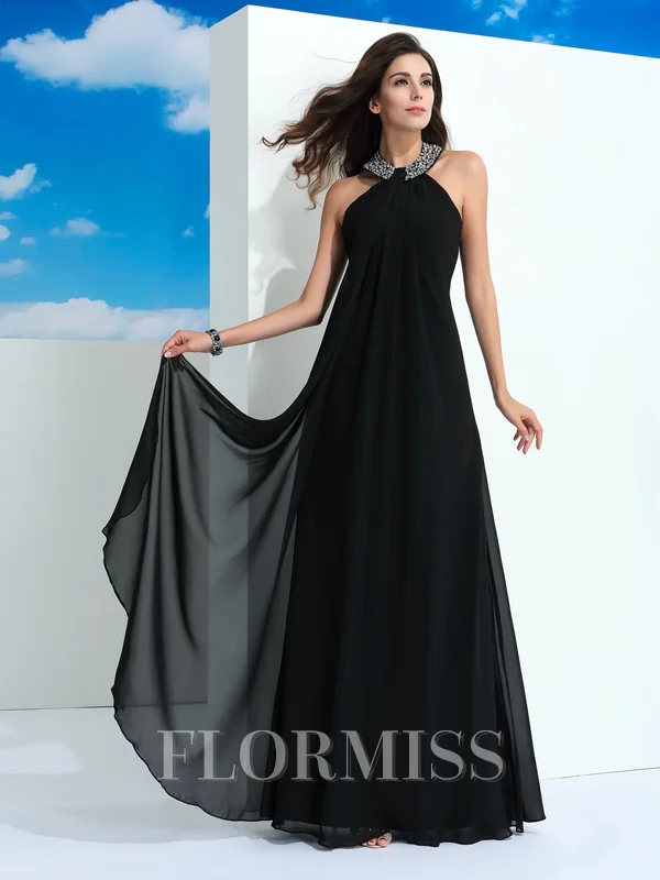 A-Line/Princess Halter Floor-Length Chiffon Evening Dresses With Beading