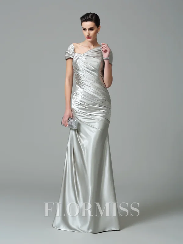 Sheath/Column Off-the-Shoulder Floor-Length Silk like Satin Evening Dresses With Pleated