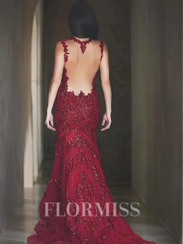 Trumpet/Mermaid V-neck Sweep Train Tulle Evening Dresses With Appliques Lace