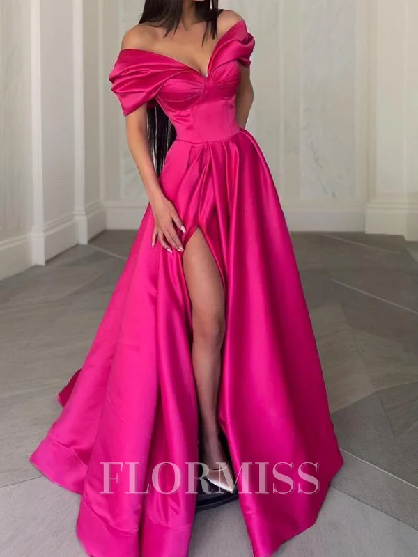A-Line/Princess Off-the-Shoulder Sweep Train Satin Evening Dresses With Leg Slit